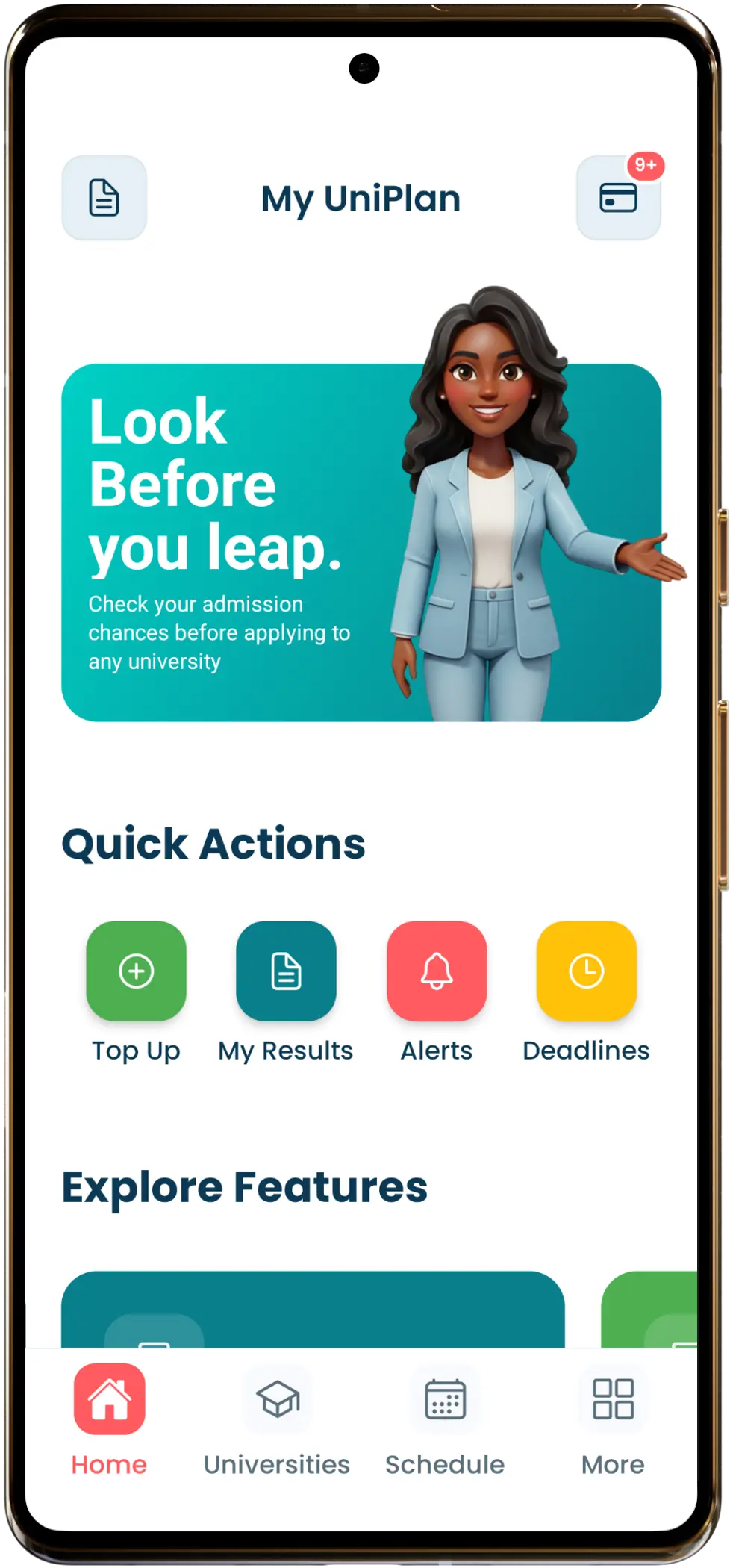 My UniPlan mobile app showing Ghana university search, WASSCE results calculator, and University of Ghana, KNUST, UCC program matching interface